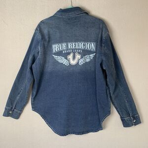 True Religion Denim Shirt Womans XL Blue Georgia Denim Glitter Wings Hippie NWT